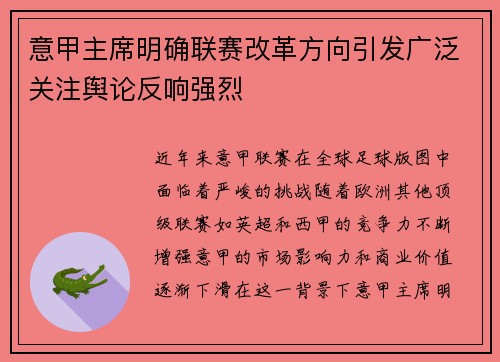 意甲主席明确联赛改革方向引发广泛关注舆论反响强烈