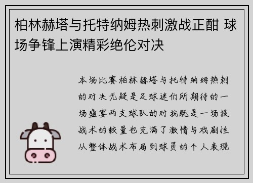柏林赫塔与托特纳姆热刺激战正酣 球场争锋上演精彩绝伦对决