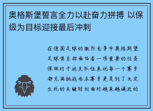 奥格斯堡誓言全力以赴奋力拼搏 以保级为目标迎接最后冲刺