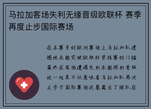 马拉加客场失利无缘晋级欧联杯 赛季再度止步国际赛场